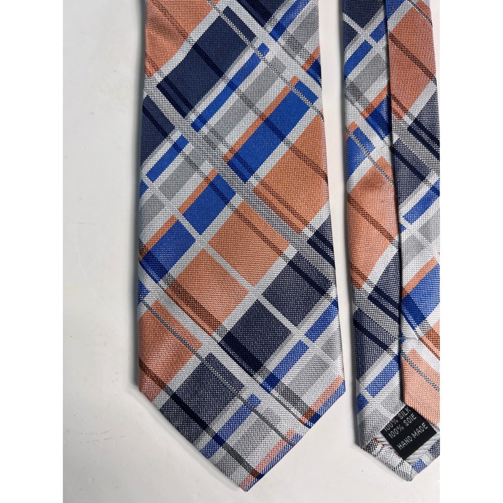 Bruno Marchesi tie Silk Necktie‎ Plaid Pattern Hand Made Blue Orange Auburn 58"
